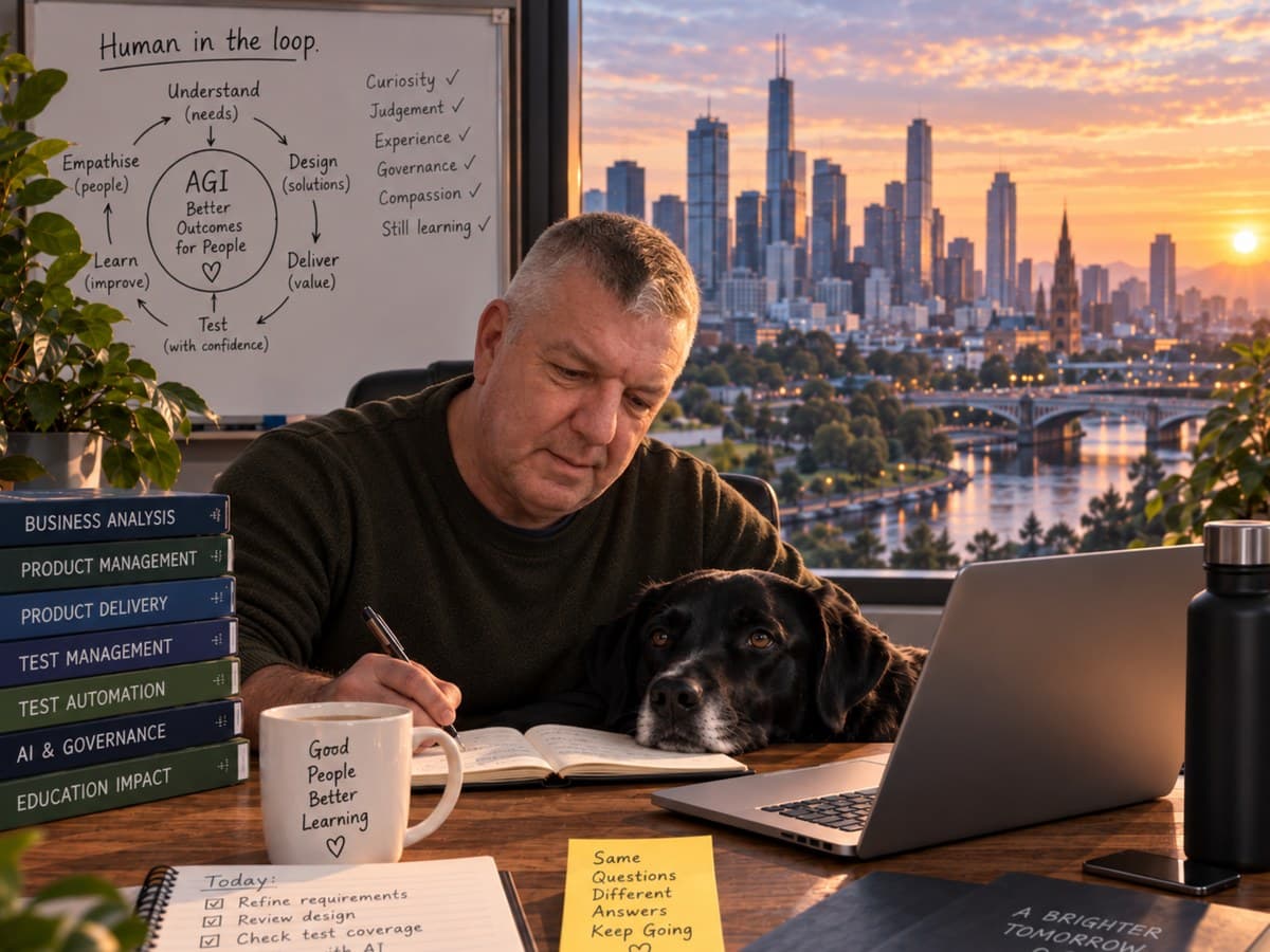 Nick at his desk with his dog, a Human in the loop whiteboard behind him and the Melbourne skyline at sunset